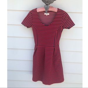 Red and blue striped dress with empire waist